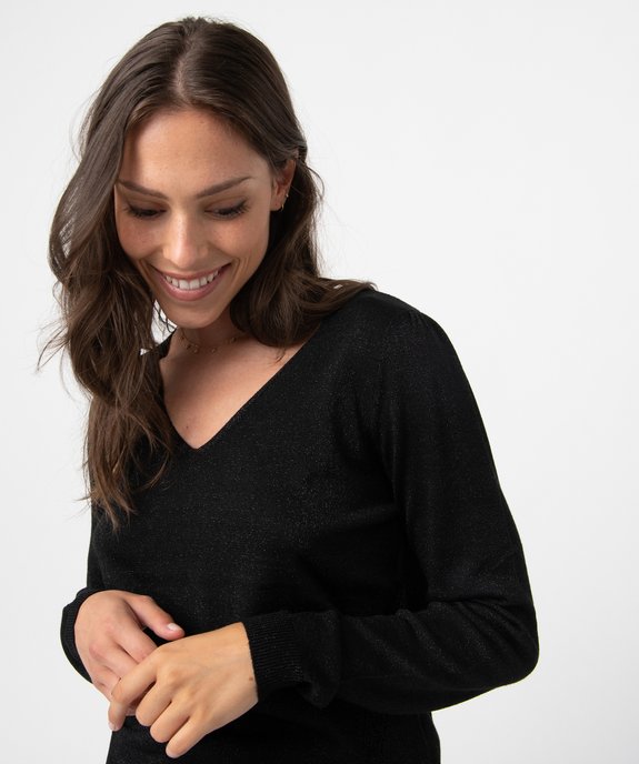 Pull femme à paillettes avec col V vue2 - GEMO 4G FEMME - GEMO
