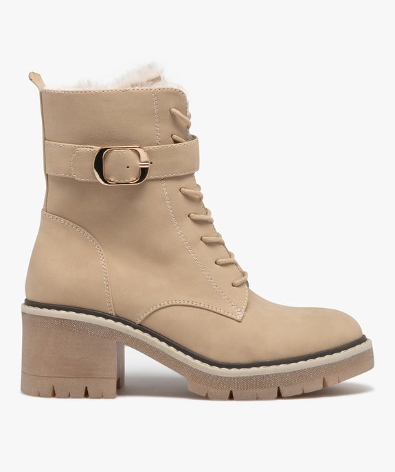 Boots fourrées unies femme à talon large avec lacets et col décoré bride à boucle  vue1 - GEMO(URBAIN) - GEMO