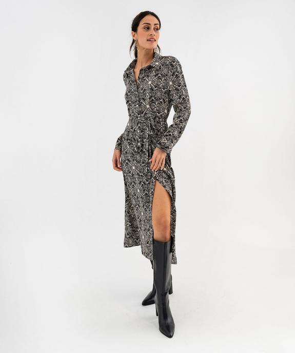 Robe chemise longue à manches longues en satin imprimé femme vue1 - GEMO(FEMME PAP) - GEMO