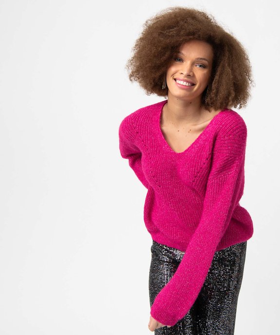 Pull femme en grosse maille à double col V vue2 - GEMO(FEMME PAP) - GEMO