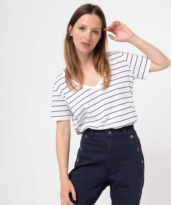 Tee-shirt femme rayé à manches courtes avec col V vue1 - GEMO(FEMME PAP) - GEMO