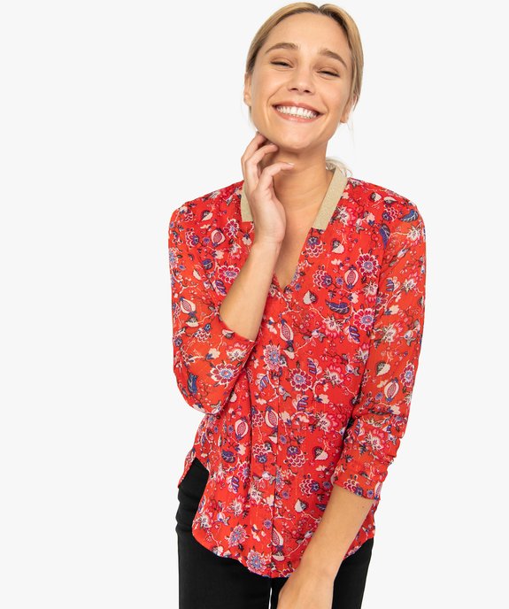 Blouse femme en voile fleuri avec fines rayures pailletées vue1 - GEMO(FEMME PAP) - GEMO