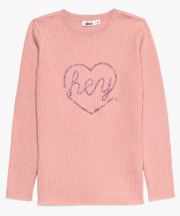 Pull fille en maille côtelée à col rond et inscription pailletée vue1 - GEMO (ENFANT) - GEMO