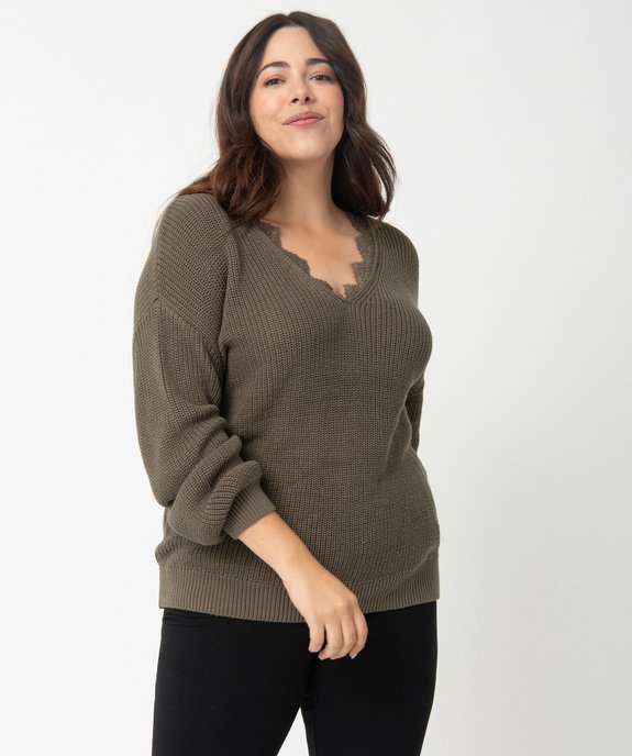 Pull femme grande taille avec décolleté V en dentelle vue1 - GEMO (G TAILLE) - GEMO