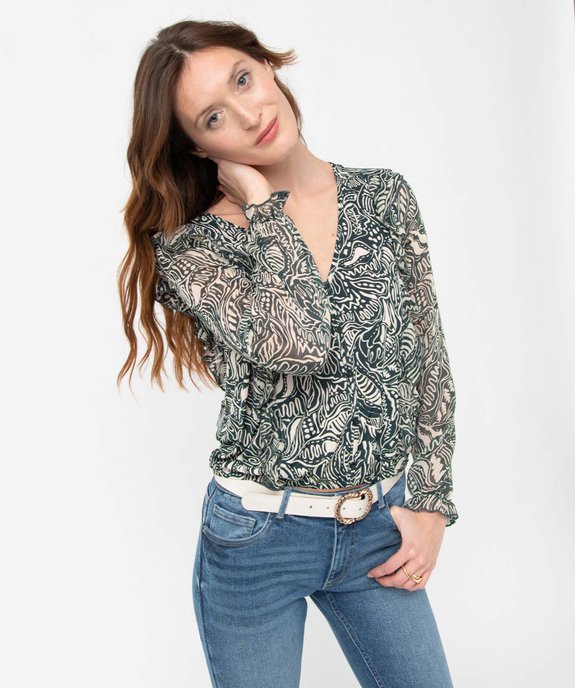 Tee-shirt femme imprimé à manches longues en voile et volants vue1 - GEMO(FEMME PAP) - GEMO