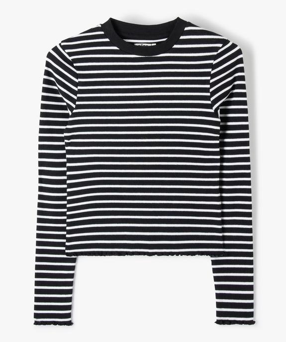 Tee-shirt fille à manches longues rayé en maille côtelée vue1 - GEMO (JUNIOR) - GEMO