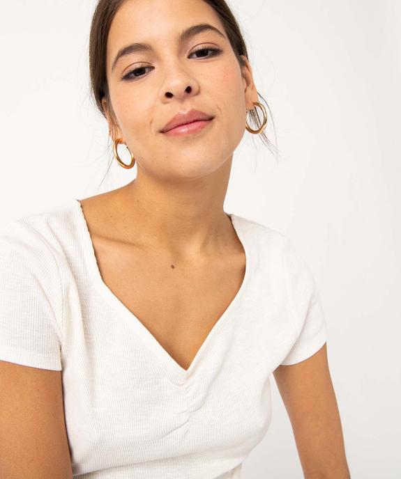 Tee-shirt femme en maille côtelée avec col V froncé vue2 - GEMO(FEMME PAP) - GEMO