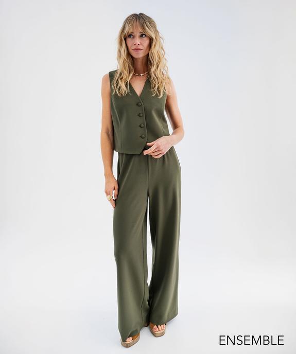 Ensemble gilet de costume et pantalon fluide kaki pour femme - GEMO