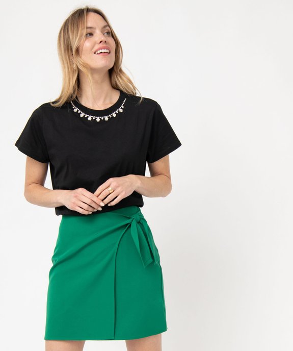 Tee-shirt droit à manches courtes et strass femme vue1 - GEMO(FEMME PAP) - GEMO