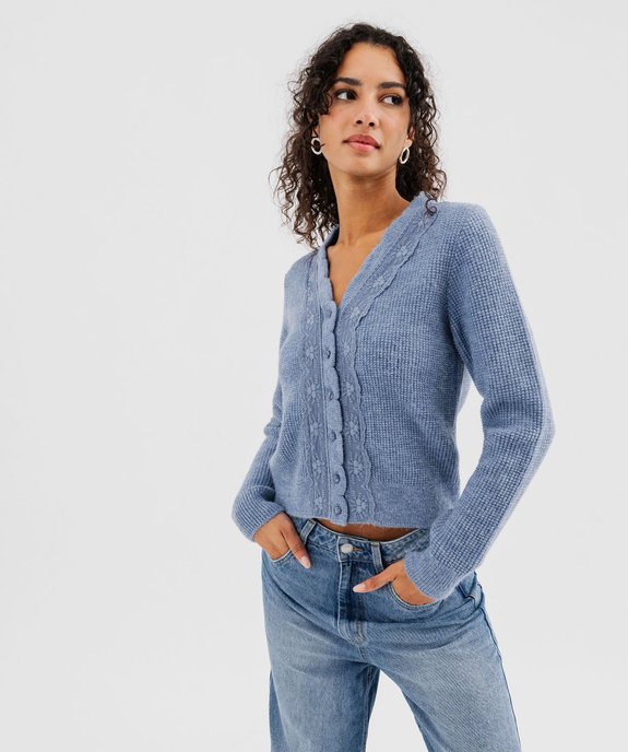 Gilet court à col V avec dentelle femme vue1 - GEMO(FEMME PAP) - GEMO