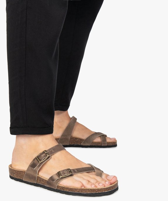Mules femme à talon plat et brides entre-doigts en cuir vue1 - GEMO (CASUAL) - GEMO