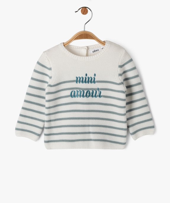 Pull brassière rayé avec message brodé et dos boutonné bébé vue1 - GEMO(BB COUCHE) - GEMO
