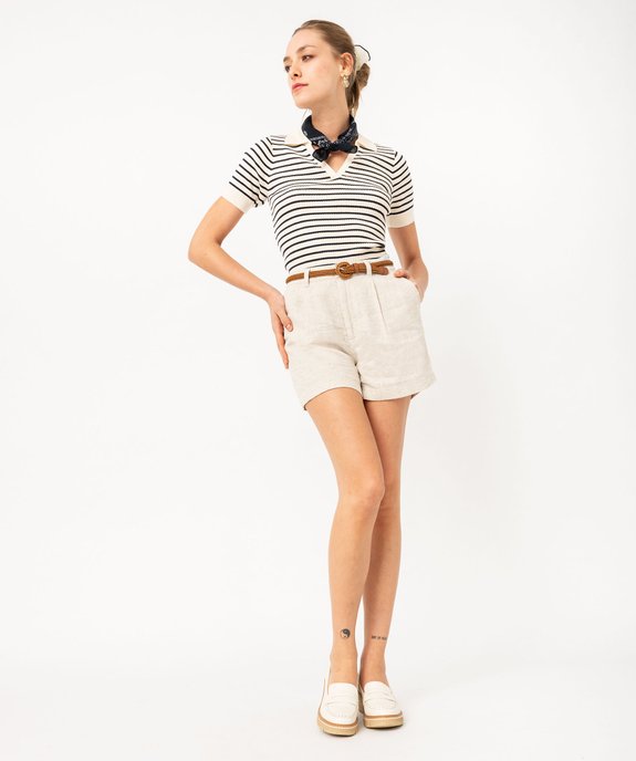 Polo rayé à manches courtes en maille côtelée femme - LuluCastagnette vue6 - LULUCASTAGNETTE - GEMO
