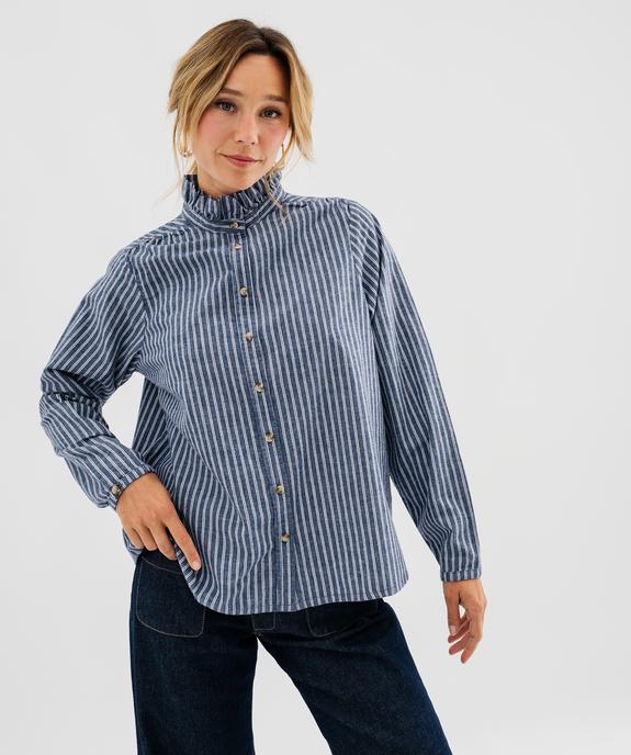 Chemise manches longues à rayures et col victorien femme vue1 - GEMO 4G FEMME - GEMO