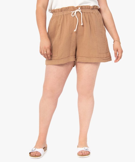 Short femme grande taille en gaze de coton à taille élastiquée vue1 - GEMO (G TAILLE) - GEMO