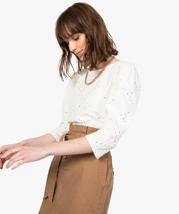 Tee-shirt femme en broderie anglaise avec manches bouffantes vue1 - GEMO(FEMME PAP) - GEMO