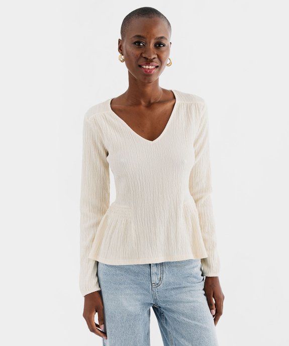 Tee-shirt manches longues en maille gaufrée avec basques femme vue1 - GEMO(FEMME PAP) - GEMO