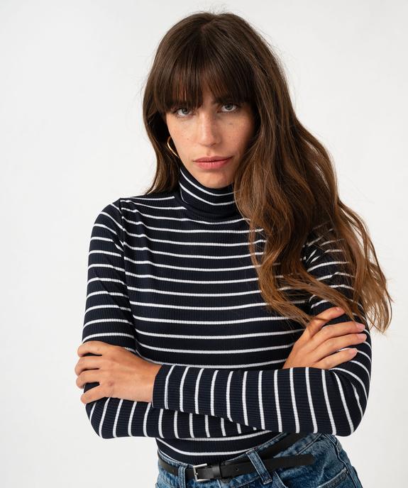 Tee-shirt manches longues à col roulé en maille côtelée rayée femme vue5 - GEMO 4G FEMME - GEMO