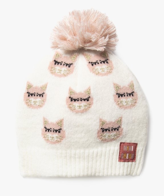 Bonnet à pompon imprimé chats bébé fille vue1 - GEMO 4G BEBE - GEMO