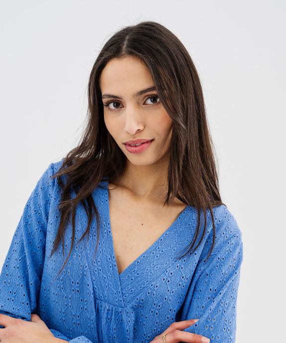 Tee-shirt à manches longues et col V en maille ajourée femme vue2 - GEMO 4G FEMME - GEMO