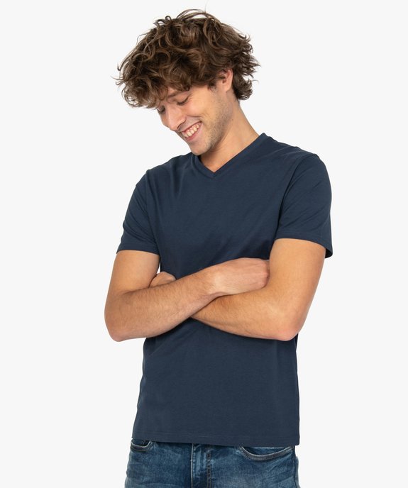 Tee-shirt homme uni à col V en coton bio   vue1 - GEMO 4G HOMME - GEMO