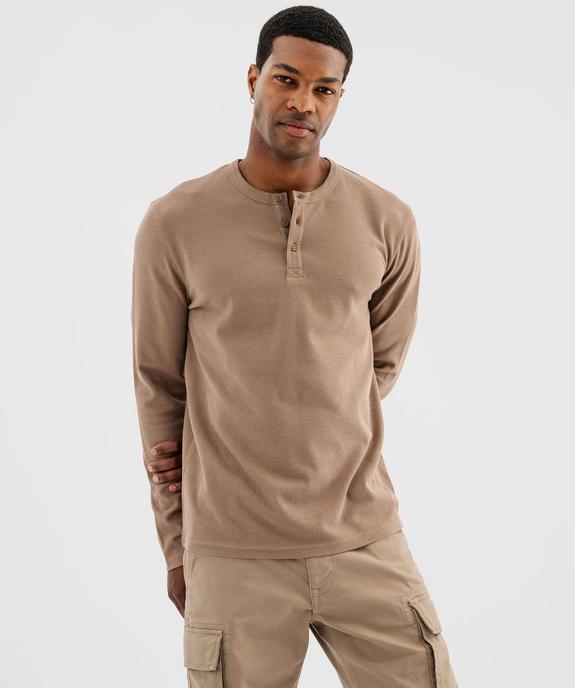 Tee-shirt manches longues en coton piqué avec col tunisien homme vue3 - GEMO 4G HOMME - GEMO