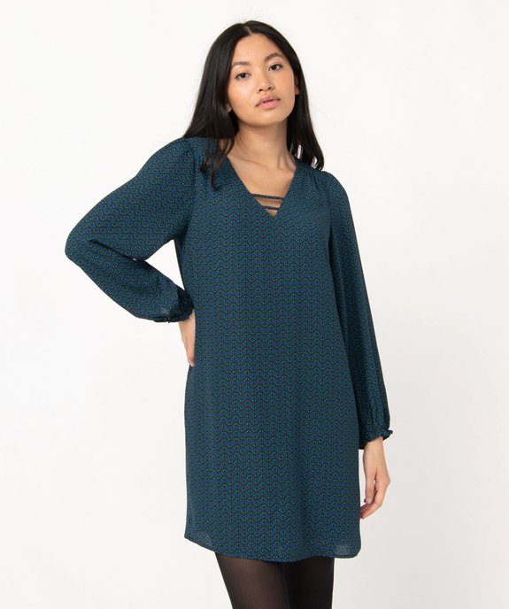 Robe droite imprimée à manches longues et col V fantaisie femme vue1 - GEMO 4G FEMME - GEMO