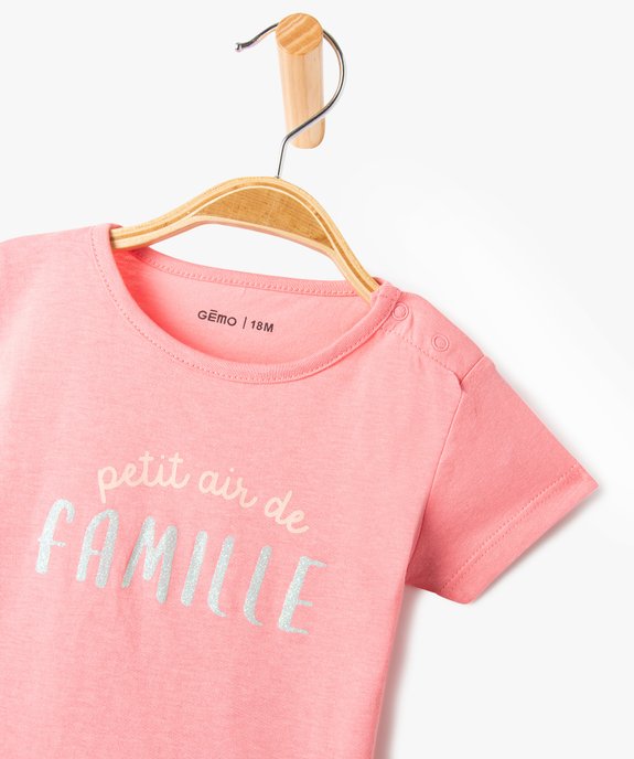 Tee-shirt bébé fille avec manches courtes et message pailleté vue2 - GEMO(BEBE DEBT) - GEMO