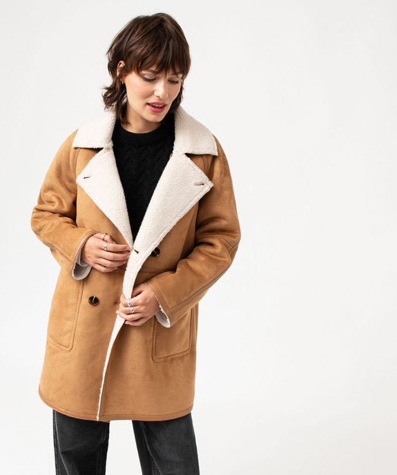 Manteau long en suédine doublée sherpa femme vue1 - GEMO(FEMME PAP) - GEMO