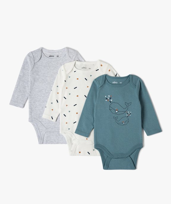 Bodies bébé manches longues en coton biologique col US (lot de 3) vue1 - GEMO 4G BEBE - GEMO