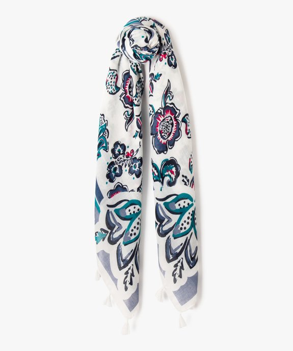 Foulard carré imprimé fleuri et pompons femme vue1 - GEMO 4G FEMME - GEMO