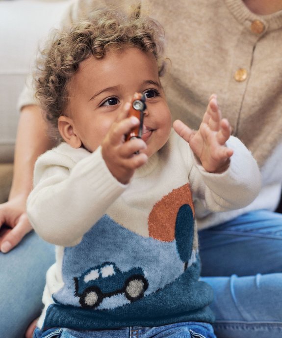 Pull en maille avec motif voiture bébé garçon vue1 - GEMO(BEBE DEBT) - GEMO