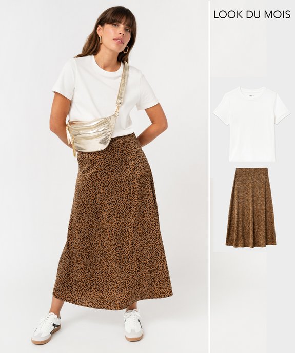 Ensemble deux pièces tee-shirt et jupe longue satinée à motif léopard pour femme - GEMO
