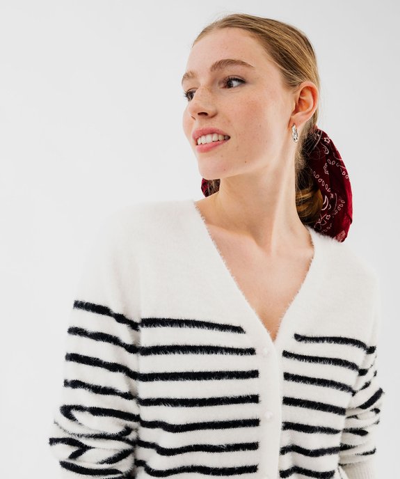 Gilet rayé avec col V en maille duveteuse femme vue2 - GEMO(FEMME PAP) - GEMO