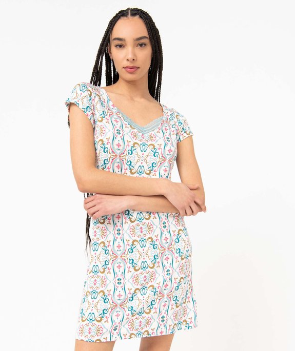Chemise de nuit en maille extensible avec col V en dentelle femme vue1 - GEMO 4G FEMME - GEMO