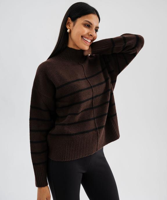 Pull col montant rayé avec couture sur l’avant femme - GEMO(FEMME PAP) Pull col montant rayé avec couture sur l’avant femme vue1 - GEMO(FEMME PAP) - GEMO