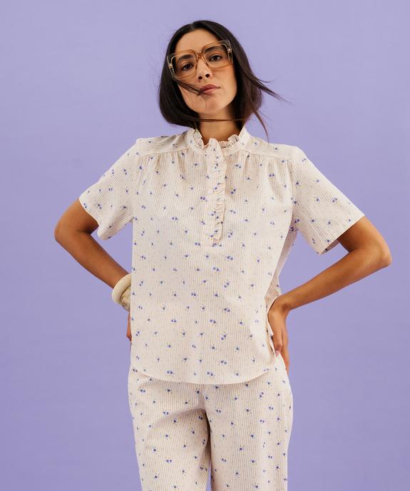 Blouse femme en coton rayé et fleuri à col victorien boutonné femme vue1 - GEMO(FEMME PAP) - GEMO