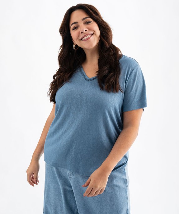 Tee-shirt manches courtes pailleté à col V femme grande taille vue1 - GEMO (G TAILLE) - GEMO