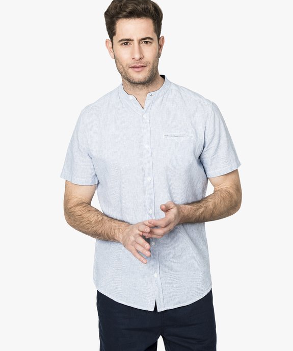Chemise en lin rayée à manches courtes et col mao vue1 - GEMO (HOMME) - GEMO