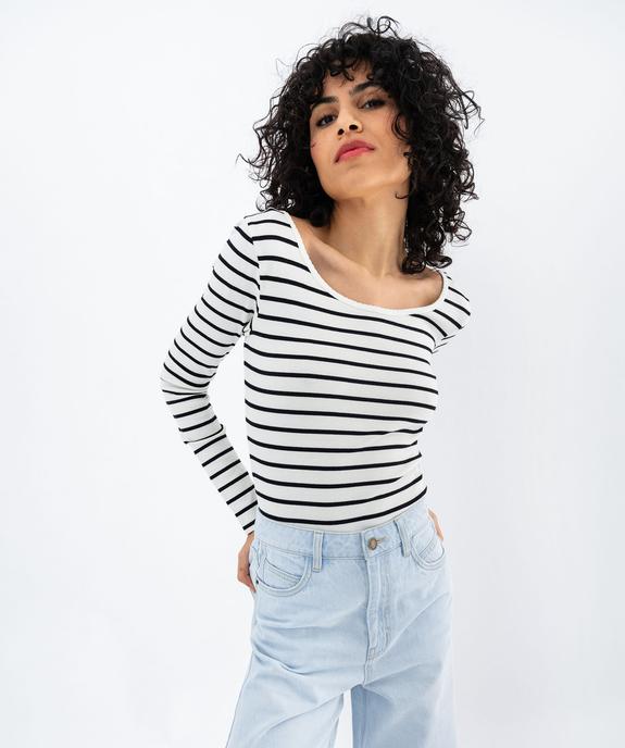 Body manches longues en maille côtelée à rayures femme vue1 - GEMO 4G FEMME - GEMO