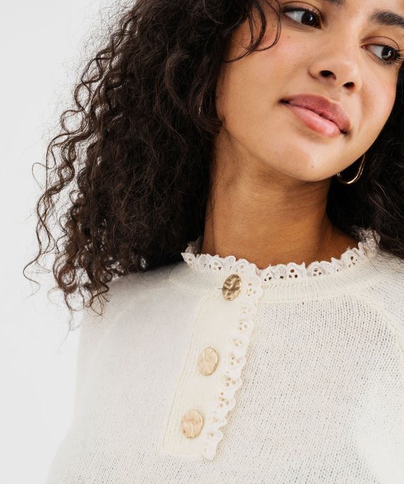 Pull à col boutonné et dentelle femme vue2 - GEMO(FEMME PAP) - GEMO
