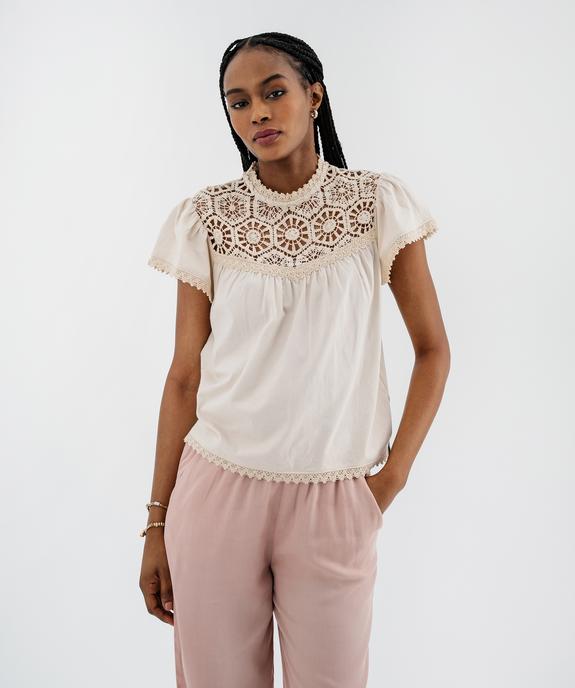 Tee-shirt manches courtes avec décolleté en dentelle femme vue1 - GEMO(FEMME PAP) - GEMO