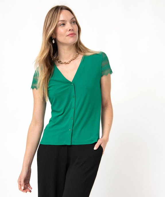 Tee-shirt boutonné à manches courtes en dentelle femme vue1 - GEMO(FEMME PAP) - GEMO