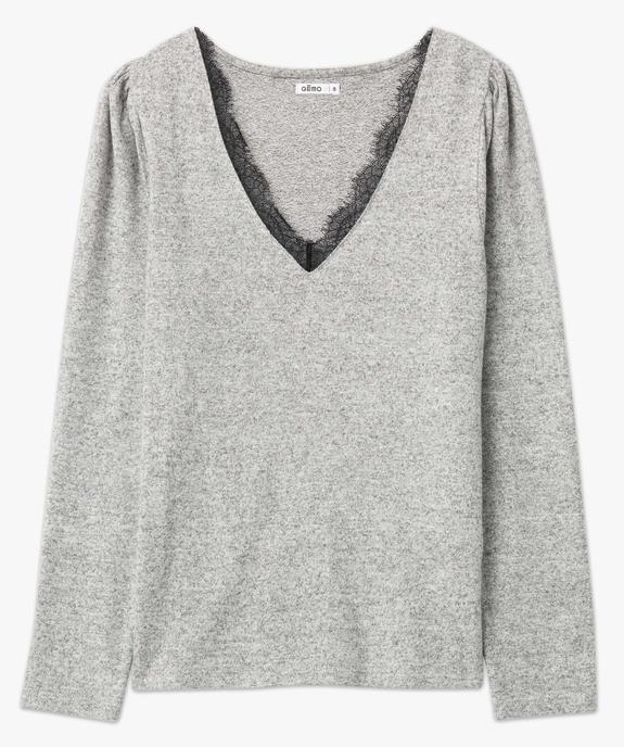 Tee-shirt femme à manches longues avec col V en dentelle contrastante vue4 - GEMO(FEMME PAP) - GEMO