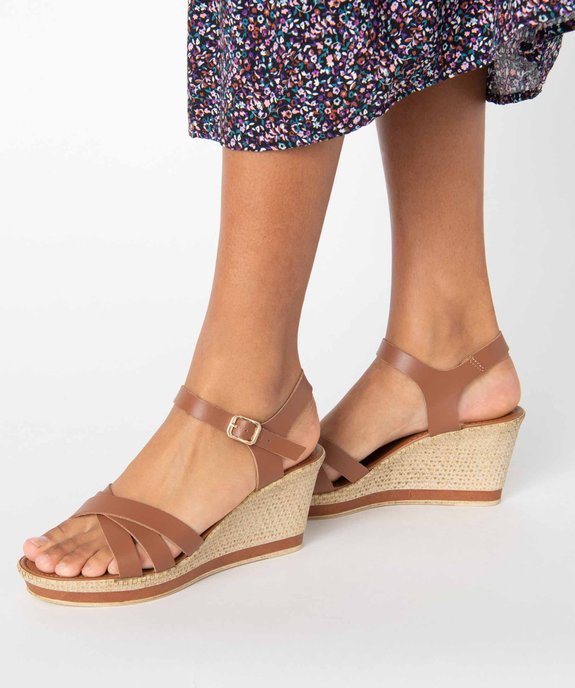 Sandales femme à talon compensé et brides unies en cuir vue1 - GEMO(URBAIN) - GEMO