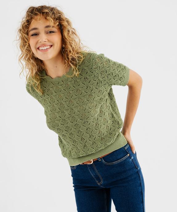 Pull manches courtes en maille ajourée à col rond femme vue1 - GEMO(FEMME PAP) - GEMO