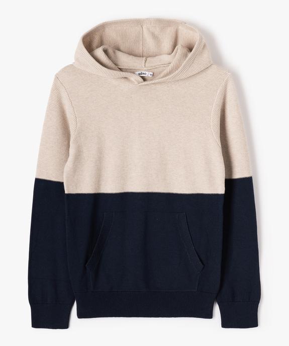 Pull garçon bicolore à capuche avec poche kangourou vue1 - GEMO (JUNIOR) - GEMO