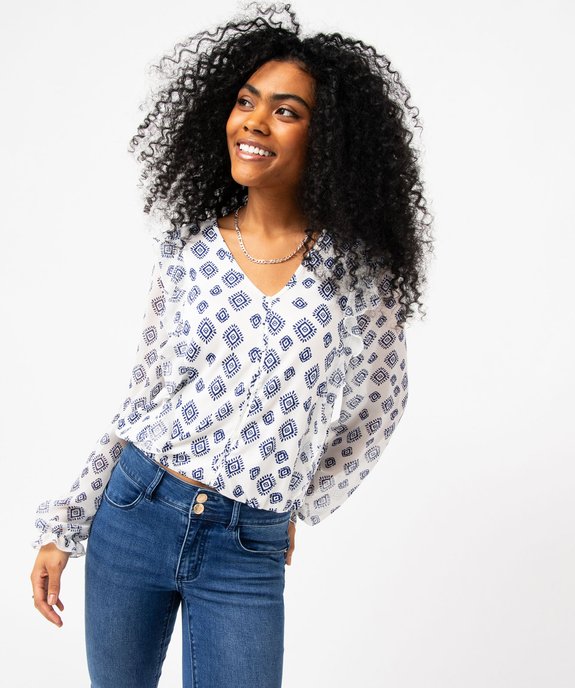 Tee-shirt femme imprimé à manches longues en voile et volants vue1 - GEMO(FEMME PAP) - GEMO