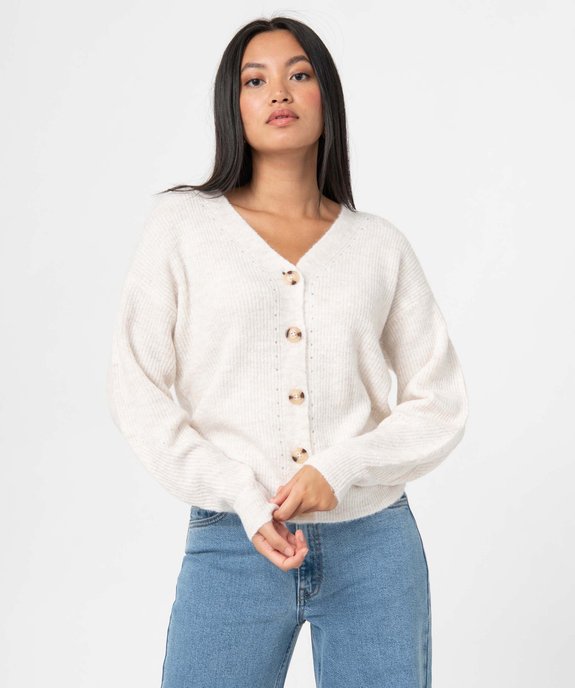 Gilet femme avec col V et détails ajourés vue1 - GEMO(FEMME PAP) - GEMO