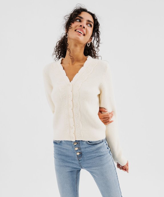 Gilet court à col V avec dentelle femme vue1 - GEMO(FEMME PAP) - GEMO